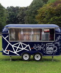 Complete Mobile Food Trailer For Sale Turnkey Snack Cart And Top Shelf Burger Stand Setup Ready To Roll Premium Grilled Food Kiosk in dark blue with coffee theme.
