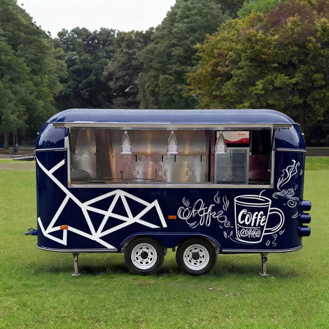 Complete Mobile Food Trailer For Sale Turnkey Snack Cart And Top Shelf Burger Stand Setup Ready To Roll Premium Grilled Food Kiosk in dark blue with coffee theme.