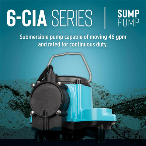 Compact Submersible Pump For Under Sink And Laundry Tray Systems With Integral Low Level Diaphragm Switch, 115V, One Third HP, 2760 GPH, Cast Iron Housing, Epoxy Coated, Non Clog Vortex Impeller, Blue on display with blue background and water splash effect.