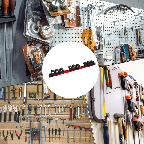 Nine Slot Rail Hand Tool Holder For Garage Workshop Organization Heavy Duty Aluminum And Plastic Rack, shown with tools on walls.