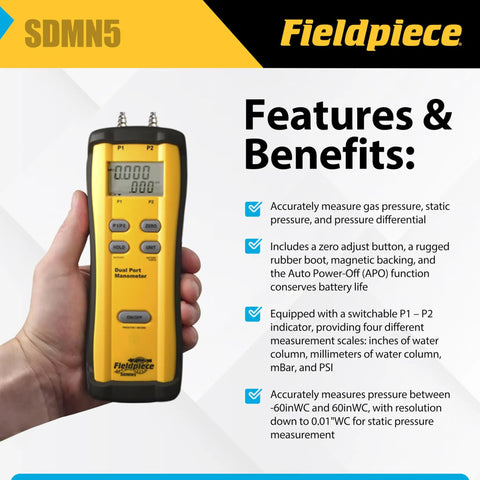 Person holding Dual-Port HVAC Manometer Pro-Grade Workhorse Duct Pressure Tester With Brass Tubes And Fittings, digital display visible
