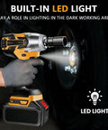 Heavy Duty Cordless Impact Wrench With 21V Brushless Motor And 6.0Ah Battery For Car Repair Garage Work Includes Charger And 39Pc Kit showcasing built-in LED light for visibility during use.