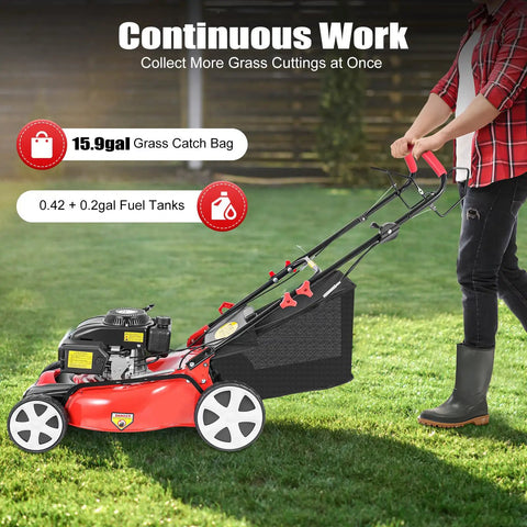 20 Inch Self Propelled Gas Push Lawn Mower With Bagger 140cc 4 Stroke Engine Delivers Smooth Cut 2800 RPM Walk Behind Yard Care Machine 8 Position Height Adjustment Easy Start Heavy Duty Grass Cutter with 15.9gal bag