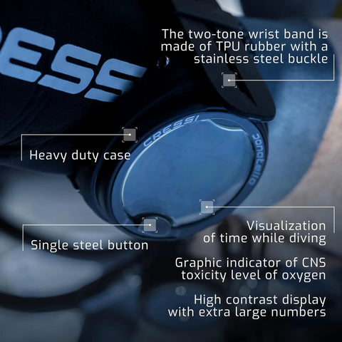 Donatello Wrist Dive Computer With Air And Nitrox Modes, HD Backlit Display, close-up of dive watch with single steel button.