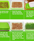 Instructions showing use of Soil Free Seed Sprouter Trays With Lids 5 Pack For Microgreens And Wheatgrass No Soil Growing Kit With Germinating Paper BPA Free DIY Indoor Kitchen Garden Sprouting.