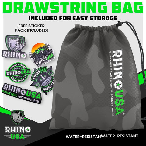 Tough As Nails Heavy Duty Ratchet Straps Tie Downs 4 Pack 1 Inch Wide By 15 Feet Long Featuring Quick Release S Hooks For Securing Luggage And Hauling Gear Without Any Hassle Today, gray drawstring bag displayed with stickers.