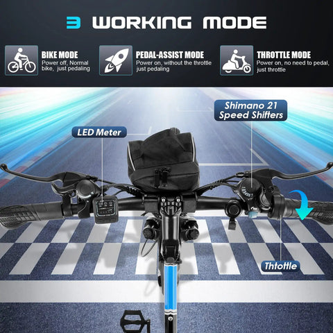 Handlebars of Foldable 750W Peak Electric Mountain Bike For Adults with 3 working modes and LED display