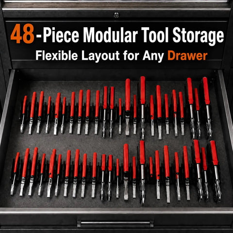 Heavy Duty Modular Plier Organizer For Tool Box Drawers with custom cut slots in a drawer holding pliers and tools.