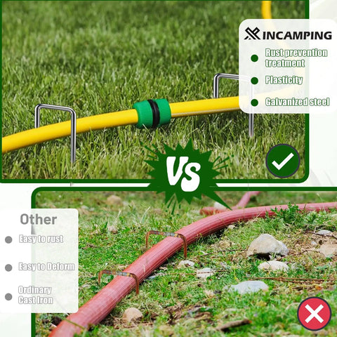 Comparison of 52 Pack 6 Inch Heavy Duty 11 Gauge Landscape Staples With Adjustable Width From 1.26 To 2 Inches and rusty staples in ground