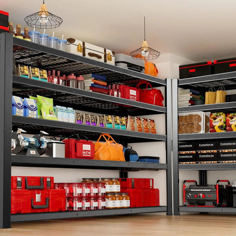 Beefy Five Shelf Garage Shelving Unit Heavy Duty Metal Storage Rack 72 Inches High 62 Inches Wide 24 Inches Deep Total Weight Capacity 3050 Lbs Adjustable Shelves Perfect For Basement Warehouse Or Workshop with items stored