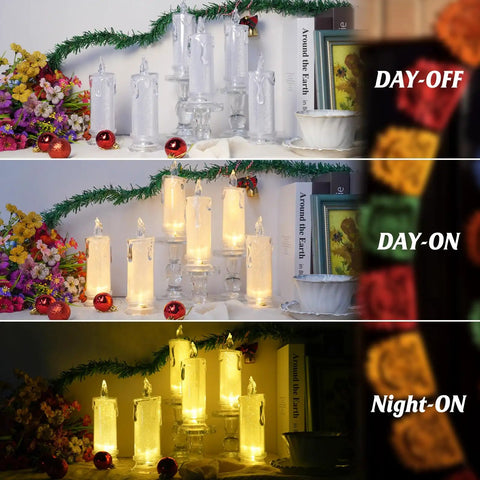 Two Pack LED Flameless Candles With Realistic Flicker Flame, Battery Operated And Batteries Included in day and night settings
