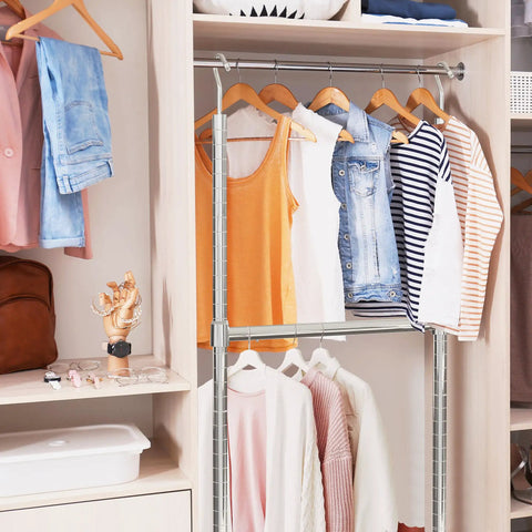 Double-tier adjustable hanging closet rod chrome finish extends from 18.75 to 30.5 inches in 7 positions with clothes hanging