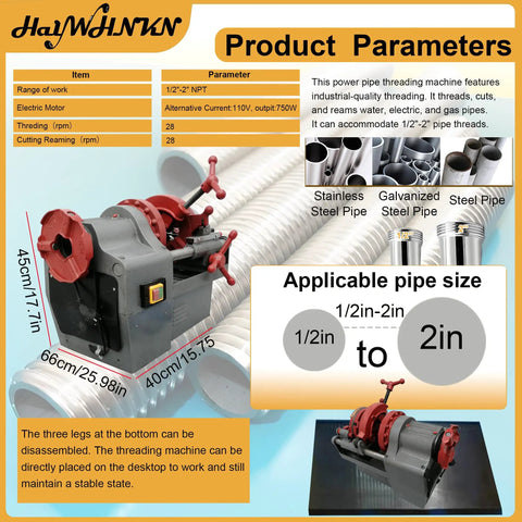 Kickass 110V Electric Pipe Threader Machine Cranks Out 1/2 To 2 Inch Npt Steel Copper Pipelines With Speedy Cutting Trimming Dies Built Heavy Duty For Tradesmen, showing machine specifications and pipe sizes.