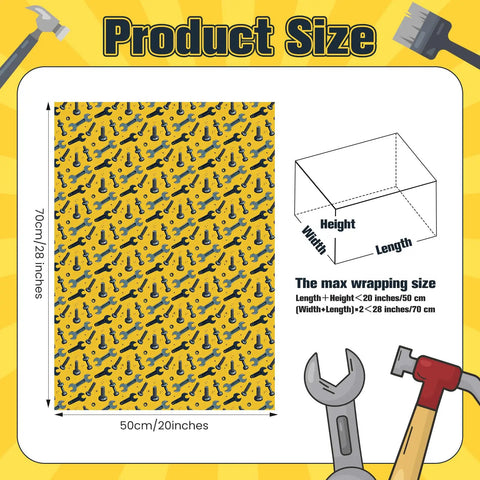 Mechanic Themed Wrapping Paper Pack With 12 Sheets In 3 Designs Featuring Wrench, Screw, And Tire Auto Parts Graphics For Gearheads, Car Enthusiasts, Mechanics, And DIYers, Durable Gift Wrap For Father's Day 20x28 Inches. Yellow mechanic-themed wrapping paper sheet, 20x28 inches, with wrench and screw pattern.