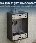 Weatherproof Outdoor Electrical Junction Box Kit, Die-Cast 1-Gang Box with Four 1/2-Inch Knockouts mounted on wall