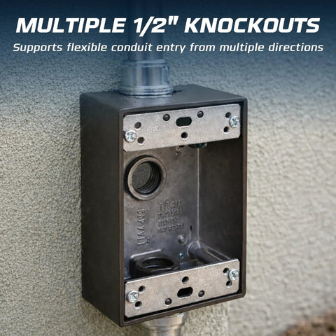 Weatherproof Outdoor Electrical Junction Box Kit, Die-Cast 1-Gang Box with Four 1/2-Inch Knockouts mounted on wall