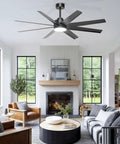 Top Shelf Sixty Inch Black Ceiling Fan With Bright Light For Patios Porches And Living Rooms Delivers Badass Airflow Using Eight Slick Abs Blades And Easy Three Way Wall Control in a modern living room setting.