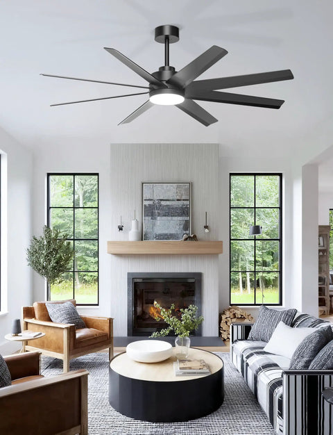 Top Shelf Sixty Inch Black Ceiling Fan With Bright Light For Patios Porches And Living Rooms Delivers Badass Airflow Using Eight Slick Abs Blades And Easy Three Way Wall Control in a modern living room setting.
