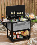 Patio Cooler Cart With Wheels 104 Quart Outdoor Ice Chest Beverage Bar Cart With Handles Storage Shelf Bottle Opener And Clear Ice Scoop For Party Ready Backyard BBQ Deck, filled with drinks and ice in a backyard setting.