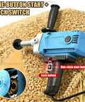 Close-up of Heavy Duty Electric Screw Conveyor with blue body and one-button start on grain pile