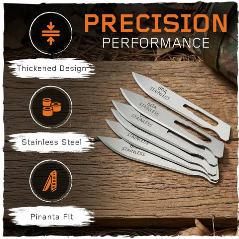 Piranta 60A Stainless Steel Replacement Blades For Piranta-Style Knives, 12 Pack, arranged on wooden surface, with text highlights