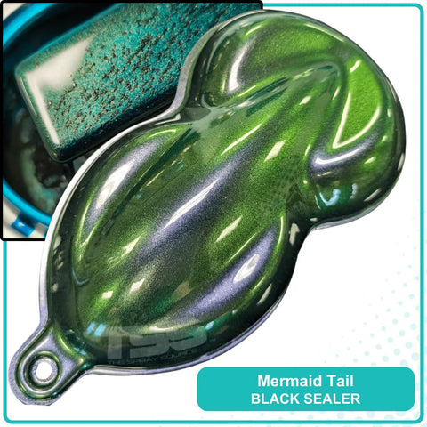 Mermaid Tail BLACK SEALER in a fluid, glossy finish showcasing green and blue hues for automotive applications.