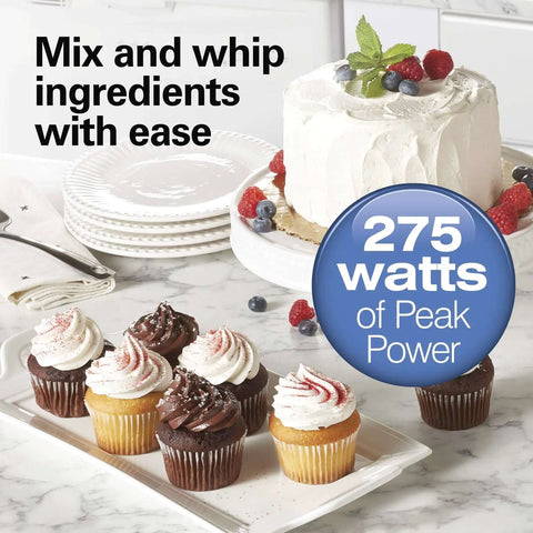 Big Time Slick And Kickin Six Speed Electric Hand Mixer With Quick Burst Function Includes Complete Three Piece Beater Set And Snappy Storage Case For Hassle Free Mixing Tasks with cupcakes and cake.