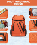 Insulated Cooler Backpack For 36 Cans Keeps Drinks Cold Up To 16 Hours with pockets and waterproof fabric features.