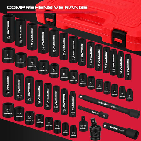 Three Eighths Inch Drive Impact Socket Set 49 Piece Built Tough Includes SAE From Five Sixteenths To Three Quarters Inch And Metric 8 To 22 Millimeters With Extension Bars And Universal Joint Deep And Shallow Sockets CR V Construction For Heavy Duty displayed with red case
