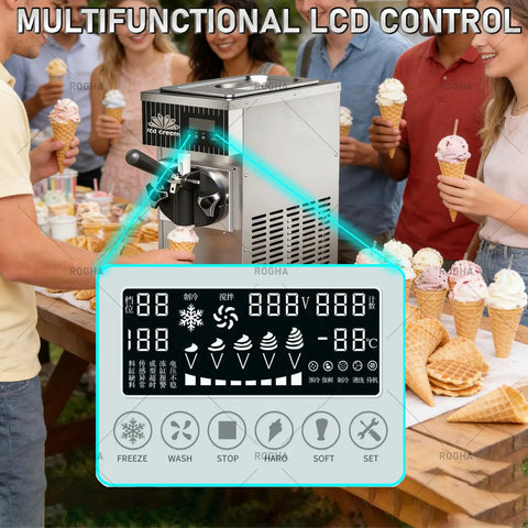 Knockout Commercial Soft Serve Ice Cream Maker with LCD control panel in vibrant purple, serving ice cream cones at an outdoor event.