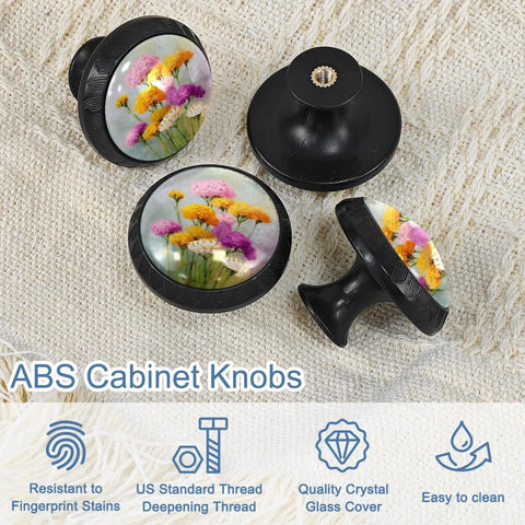 Four Pack Fresh Watercolor Retro Floral Cabinet Knobs With Hella Durable Crystal Glass Handles And Sturdy Mounting Screws For Kitchen Drawers Dresser Cupboards And Wardrobe Decor displayed on a fabric background.