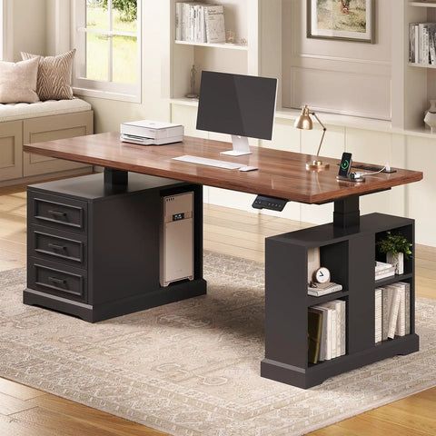 Farmhouse Electric Standing Desk With 63 Inch Long Workstation Height Adjustable Sit Stand Desk With 3 Drawers Storage Shelves