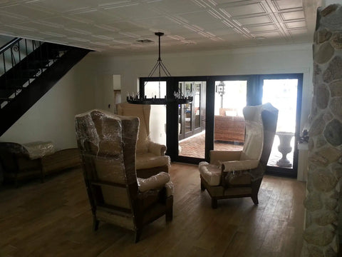 Room showing installed Glue Up Foam Ceiling Tiles White Pack Of Eight Covering 21.6 Square Feet Lightweight Insulating Popcorn Ceiling Cover