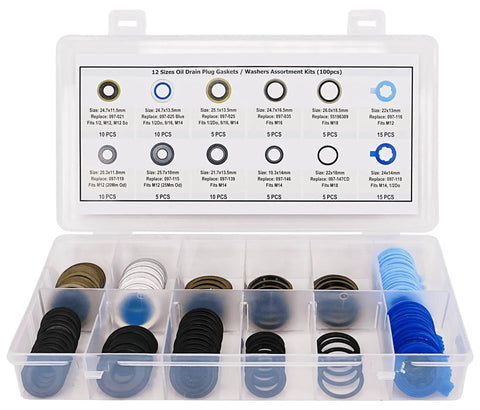 100Pcs 12 Types Metal And Rubber Drain Plug Gasket Set With 12 Sizes For Cars And Trucks in transparent organizer box