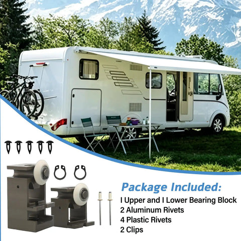 Standard Bearing Block Kit with Roller for RV In Wall Slide Outs, image showing components and RV in scenic background.