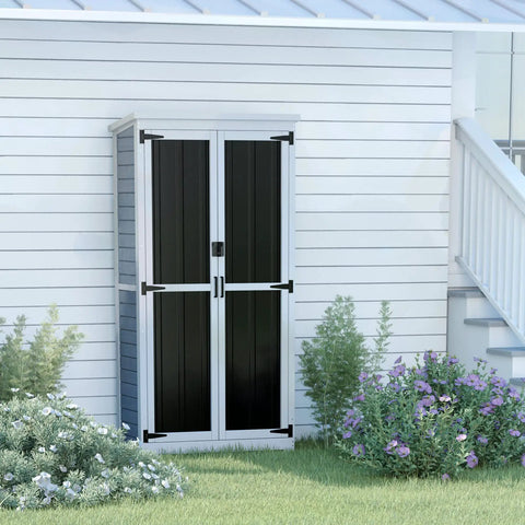 Backyard Outdoor Storage Cabinet Made From Wood And Metal Garden Shed With Weatherproof Roof And Lockable Doors 66 Inch Wide