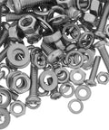 Solid Stainless Steel 108 Piece Machine Screw Nuts And Washers Assortment Kit Bolts Flat Hardware scattered in a neat pile.