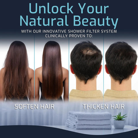 Before and after results of High Output Shower Filter Head For Hard Water Removes Chlorine And Heavy Metals For Spa Level Water Softer Skin Stronger Hair And Healthier Nails For Every Shower, showing softened and thickened hair with towels and plant.