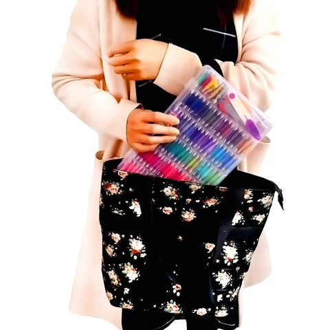 Person putting Dope Embroidery Floss Kit With Organizer Box, 200 Plus Colors 8m Mercerized Thread into printed bag