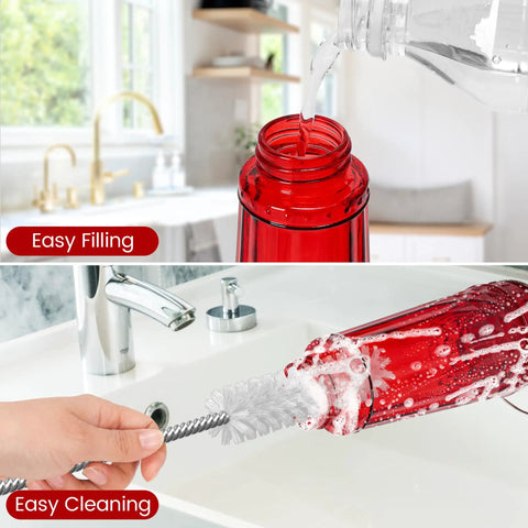 Top view of red Two Pack Glass Hummingbird Feeders, 14 Ounce Capacity, Wide Mouth for Easy Filling and Cleaning in use.