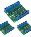 Rock Solid 4 Channel PLC Amplifier Module With MOSFET Driver And Optocoupler Isolation showing three green circuit boards with connectors