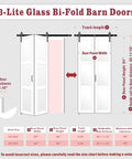 3 Lite Glass Bi Fold Barn Doors, 30 By 84 Inch Slab With 2.83 Ft Sliding Hardware Kit, diagram showing measurements and features