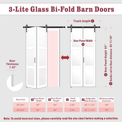 3 Lite Glass Bi Fold Barn Doors, 30 By 84 Inch Slab With 2.83 Ft Sliding Hardware Kit, diagram showing measurements and features
