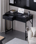 32 Inch Compact Computer Desk With Two Drawers For Small Spaces Black Ideal For Bedroom Study Home Office Writing Table Space Saver And Organization Perfect For Tiny Rooms And Study Nooks, shown with open drawers and laptop