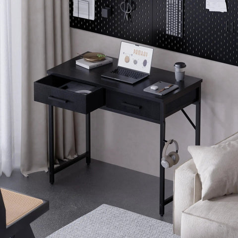 32 Inch Compact Computer Desk With Two Drawers For Small Spaces Black Ideal For Bedroom Study Home Office Writing Table Space Saver And Organization Perfect For Tiny Rooms And Study Nooks, shown with open drawers and laptop