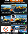 Image comparing 3 Channel WiFi Dash Cam With Front, Rear And Cabin Cameras features to other dash cams, showing camera quality and app support.