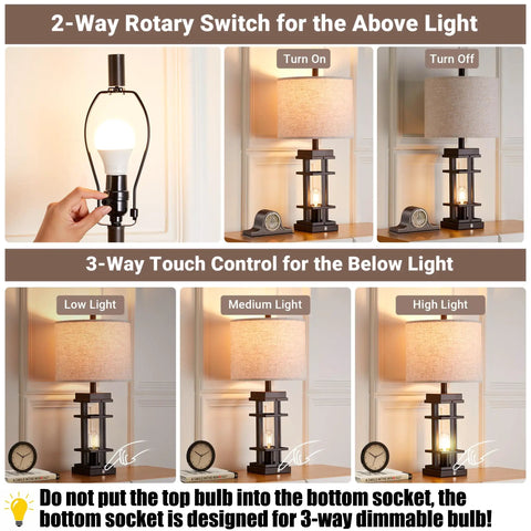Farmhouse Table Lamps Set With USB Ports And Touch Dimmers, 26 Inch Tall Bedside Lamps with dual light modes and dimmer options shown