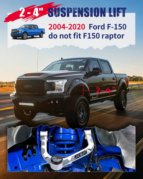 Built Tough Forged Aluminum Upper Control Arm For Ford F150 2004 To 2020 2 4 Inch Leveling Kit OEM Rubber Bushings Heavy Duty Rust Proof CNC, shown in a truck suspension setup.