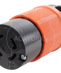 Heavy Duty Generator Extension Cord Featuring Nema L14 30 Locking Connectors close-up of black and orange locking connector.