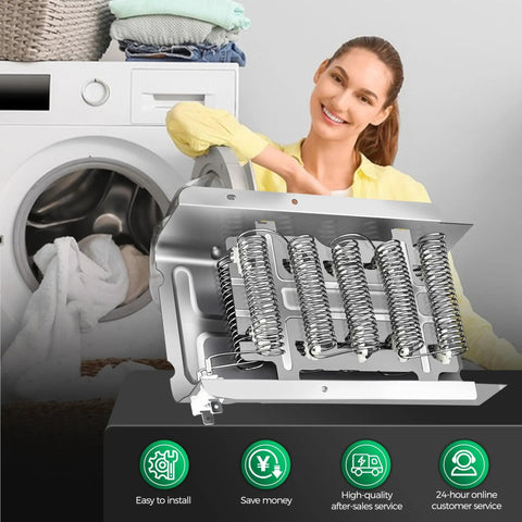 Beefed Up Stainless Steel Dryer Heating Plate Upgrade for Major Appliance Brands Including Whirlpool Kenmore Maytag Amana Admiral Roper W10724237 3403585 Replacement Part Rustproof Deformation Resistant with heat insulation layer installed in a dryer setup, showing heating plate coils.